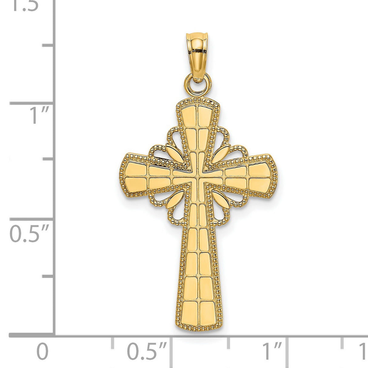 Polished Beaded Edge Grid Accent Cross Charm Pendant in Real 14k Yellow Gold