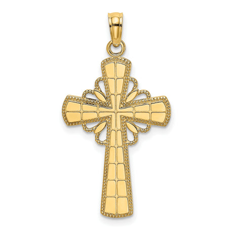 Polished Beaded Edge Grid Accent Cross Charm Pendant in Real 14k Yellow Gold