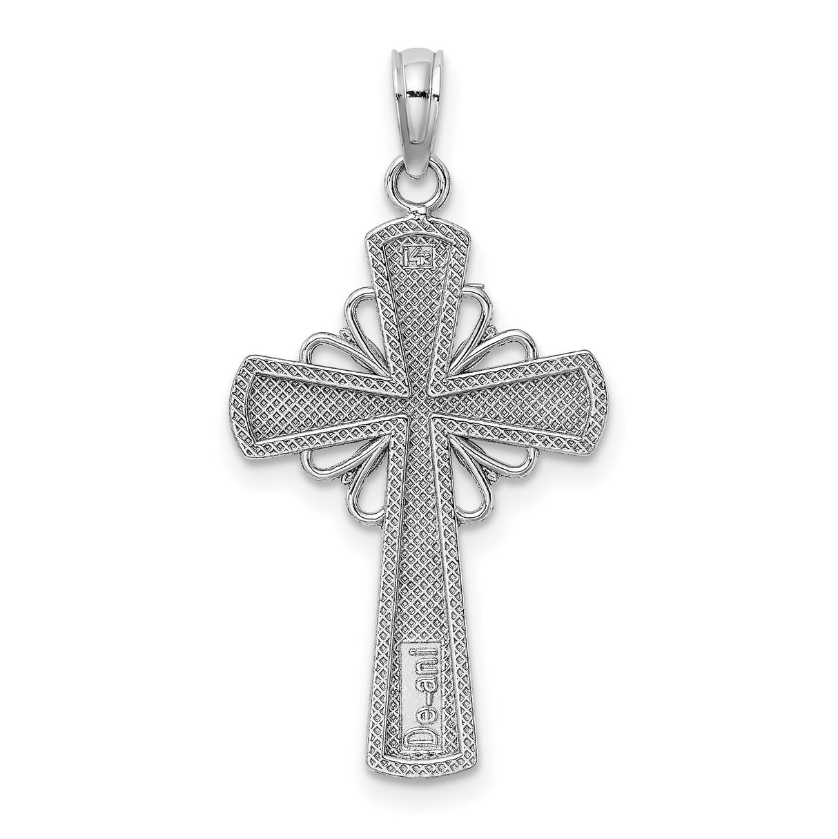 14k White Gold Geometric Cross Pendant with Cathedral Design and Milgrain Detail