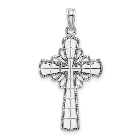 14k White Gold Geometric Cross Pendant with Cathedral Design and Milgrain Detail