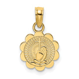 Praying Hands and Cross Scalloped Round Disk Charm Pendant in Real 14k Yellow Gold