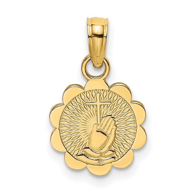 Praying Hands and Cross Scalloped Round Disk Charm Pendant in Real 14k Yellow Gold