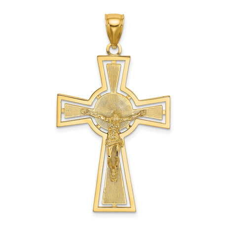 Cut-Out Crucifix Center Circle Charm Pendant in Real 14k Yellow Gold