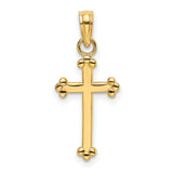 14k Yellow Gold Cross Pendant with Polished Beaded Detail, Religious Charm for Men and Women