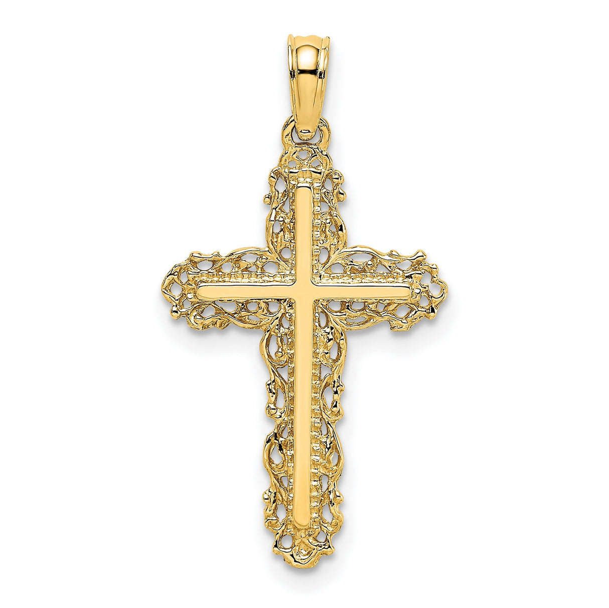 Cross Filigree Lace Trim Charm Pendant in Real 14k Yellow Gold