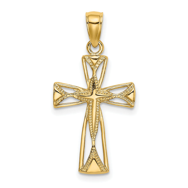14k Yellow Gold Cross Pendant with Polished Finish, Milgrain Edging, and Openwork Design