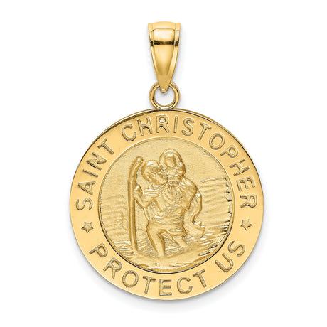 Saint Christopher Protect Us Words Round Disc Charm Pendant in Real 14k Yellow Gold