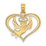 14k Yellow Gold Heart Pendant with Praying Angel, Halo and Wings, Christian Charm for Women or Teens