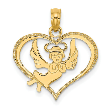 14k Yellow Gold Heart Pendant with Praying Angel, Halo and Wings, Christian Charm for Women or Teens