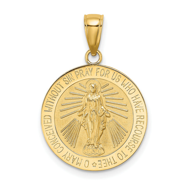 Polished and Satin Miraculous Medal Charm Pendant in Real 14k Yellow Gold