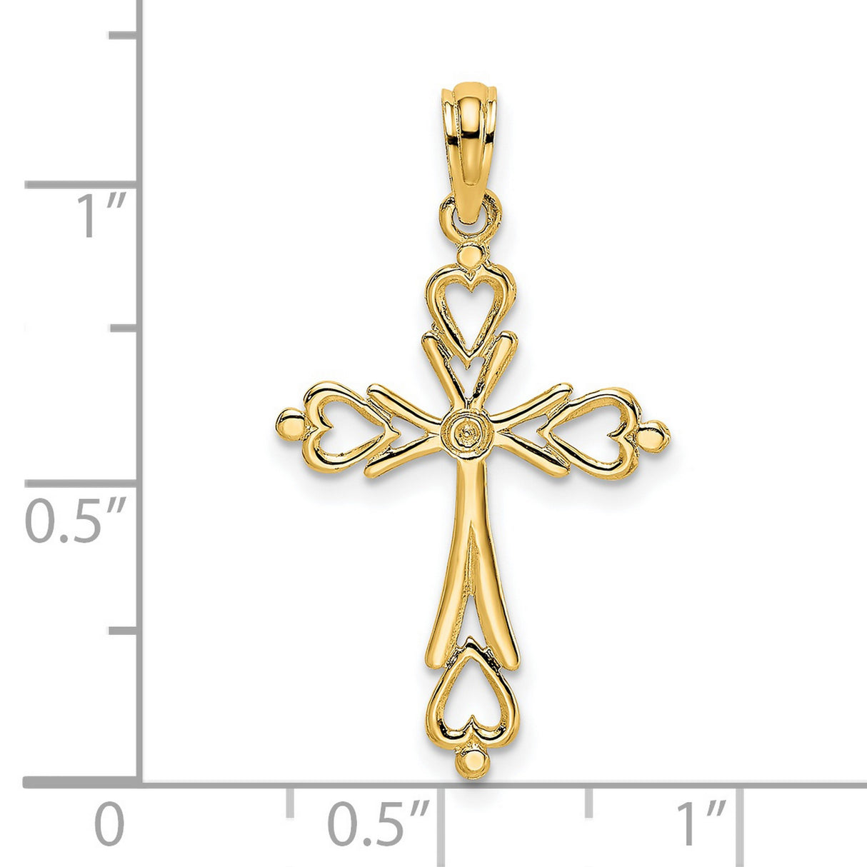 14k Yellow Gold Cross Pendant with Flared Ends and Heart Accents