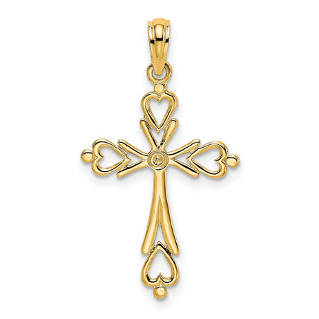 Cross Cut-Out Heart Ends Charm Pendant in Real 14k Yellow Gold