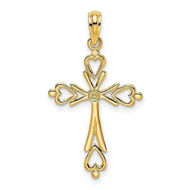 14k Yellow Gold Cross Pendant with Flared Ends and Heart Accents