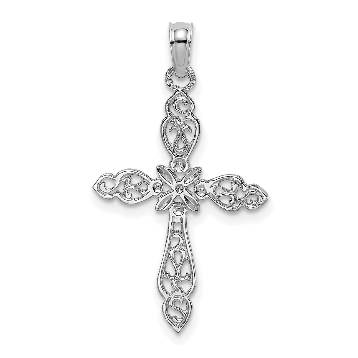 14k White Gold Cross Pendant with Filigree and Starburst Design for Men and Women