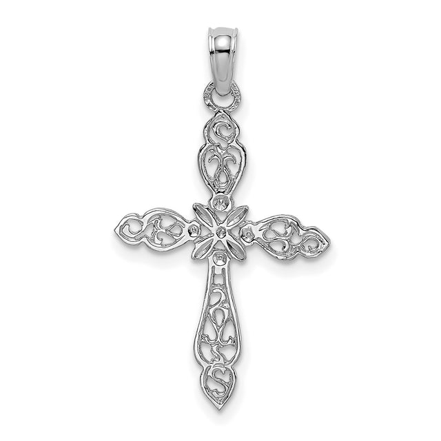 14k White Gold Cross Pendant with Filigree and Starburst Design for Men and Women