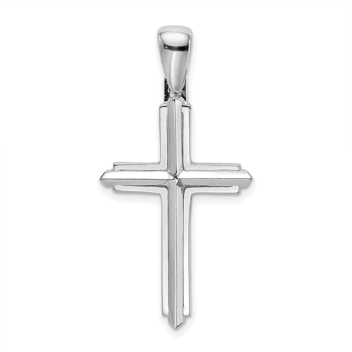 14k White Gold Cross Pendant, Modern Layered Design, Polished Religious Charm for Men and Women