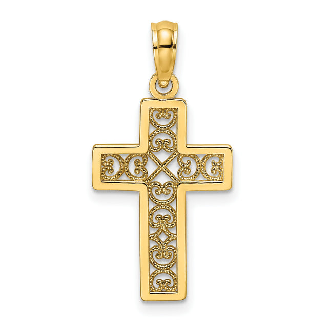 Textured Lace Center Cross Charm Pendant in Real 14k Yellow Gold