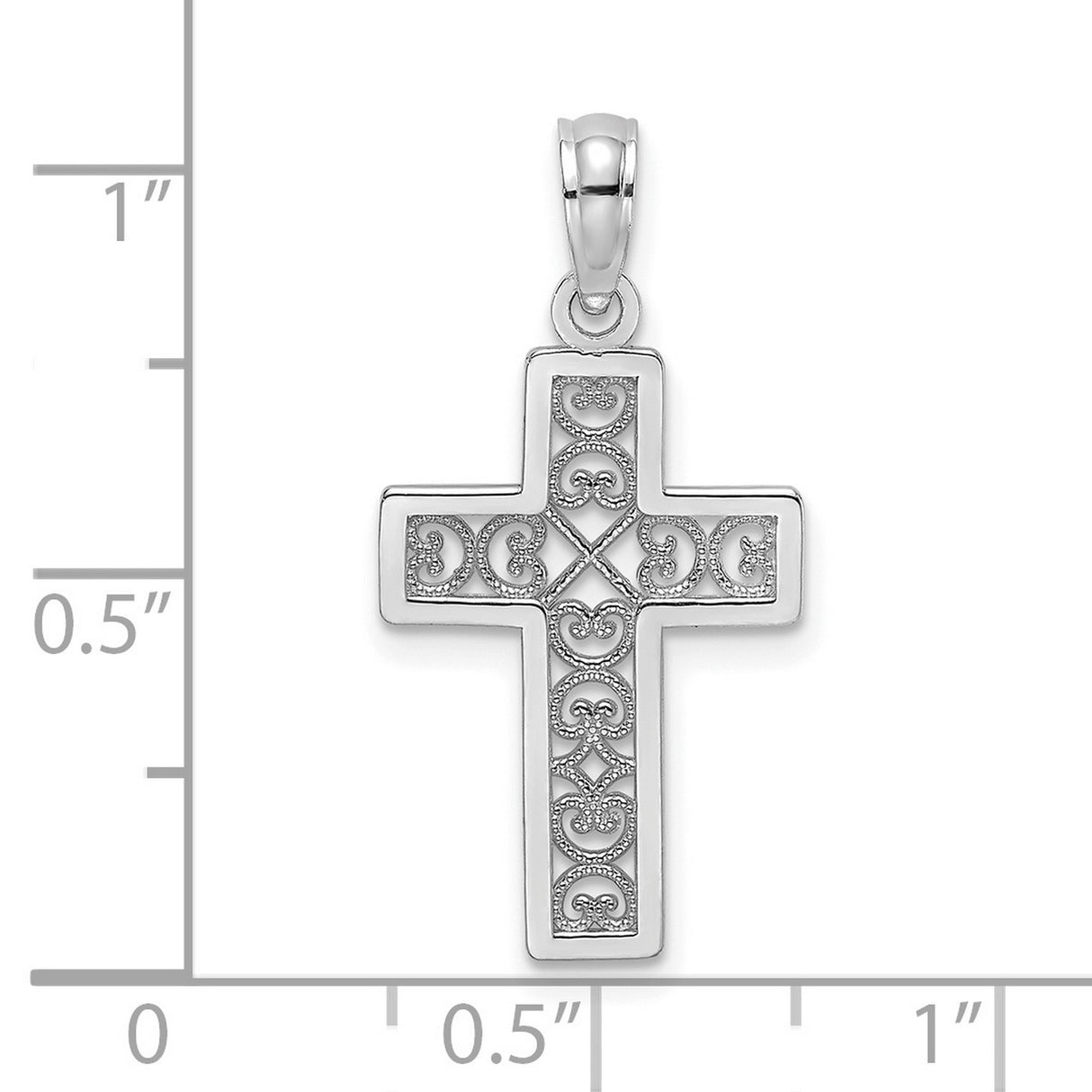 14k White Gold Cross Pendant with Filigree Swirl and Milgrain Detail