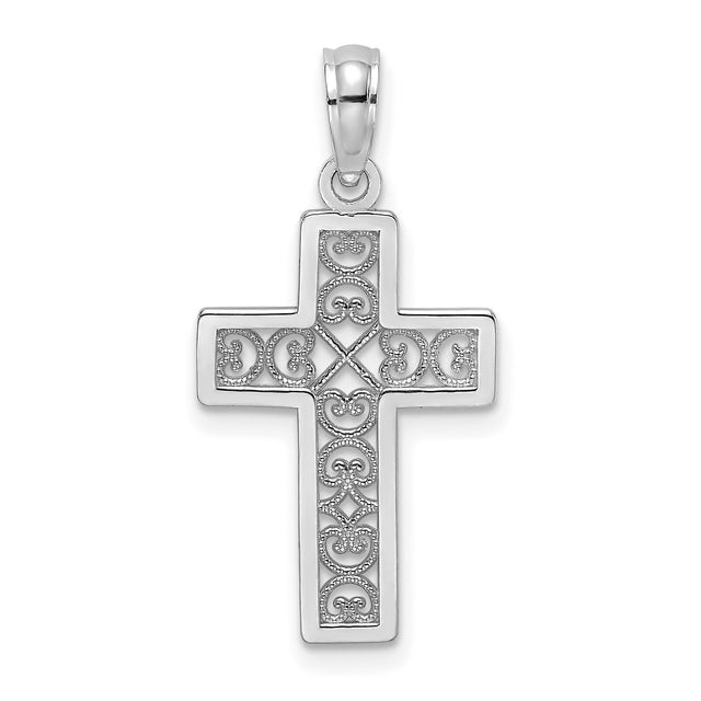 14k White Gold Cross Pendant with Filigree Swirl and Milgrain Detail