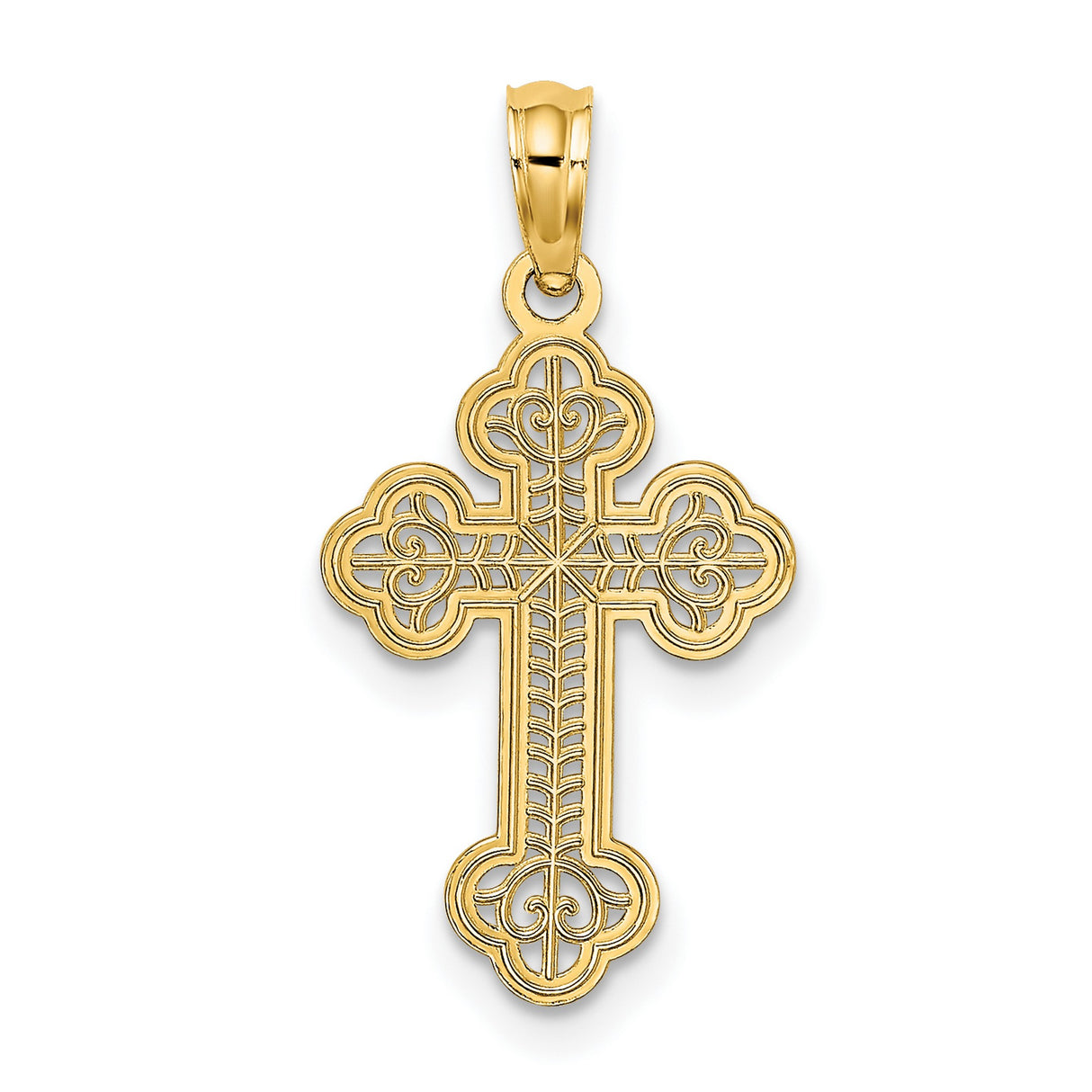 Lace Center Budded Cross Charm Pendant in Real 14k Yellow Gold