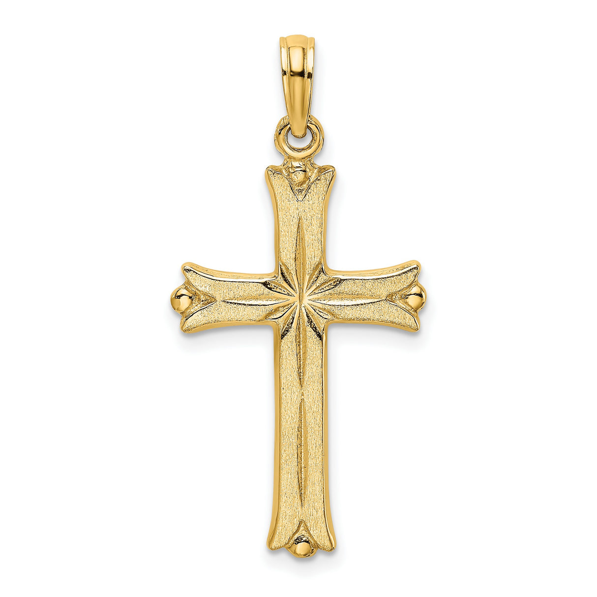 14k Yellow Gold Cross Pendant with Sculpted Edges and Starburst Design for Men and Women