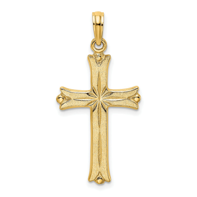 14k Yellow Gold Cross Pendant with Sculpted Edges and Starburst Design for Men and Women