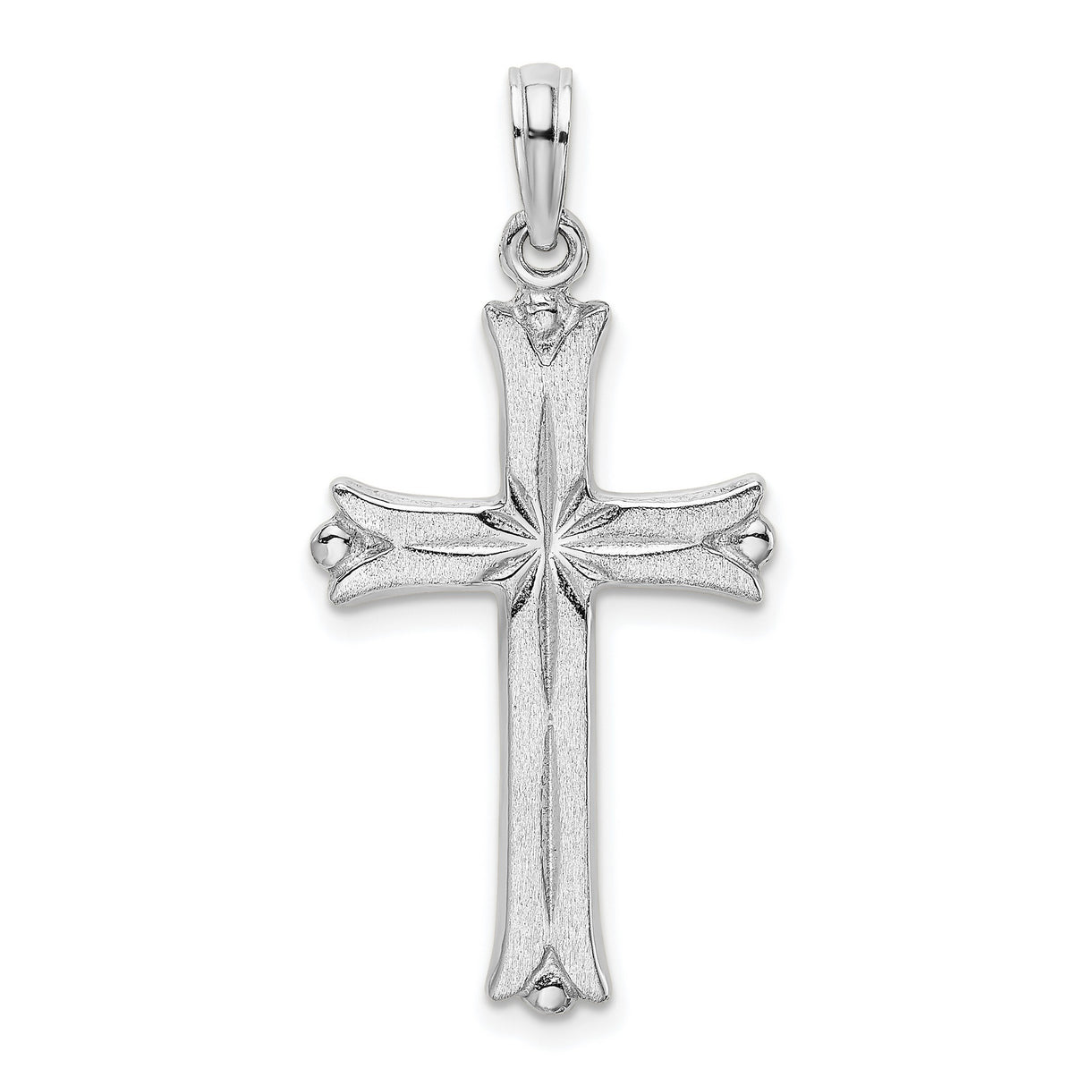 14k White Gold Cross Pendant with Starburst Detail, Satin Finish, Unisex Religious Jewelry