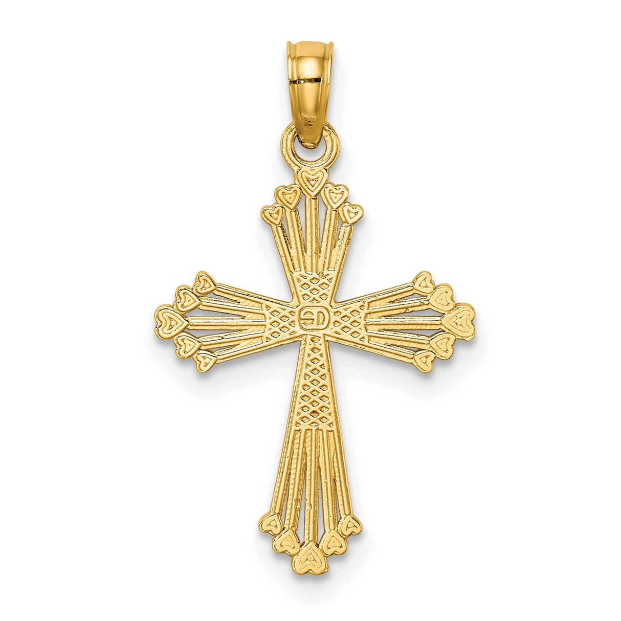 Cut-Out Stripes Cross Heart Charm Pendant in Real 14k Yellow Gold