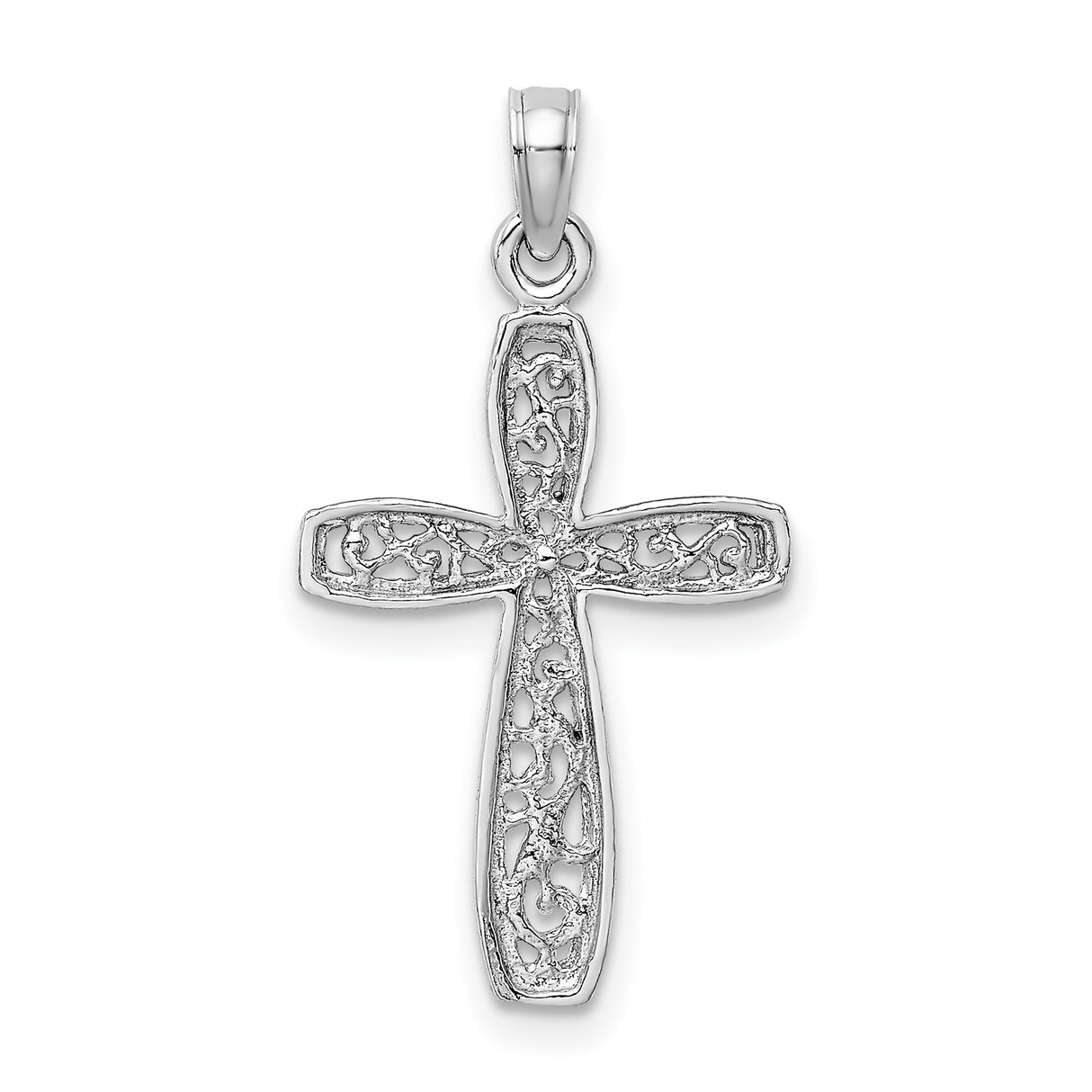 Cross Filigree Center Charm Pendant in Real 14k White Gold