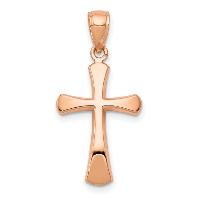 14k Rose Gold Cross Pendant with Beveled Edge Design, Polished Modern Faith Jewelry for Men and Women