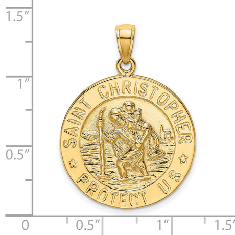 Round Saint Christopher Protect Us Words Charm Pendant in Real 14k Yellow Gold