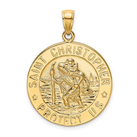 Round Saint Christopher Protect Us Words Charm Pendant in Real 14k Yellow Gold