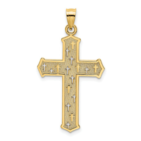 14k Yellow Gold Cross Pendant with Dual Tone Carved Texture Design for Men and Women