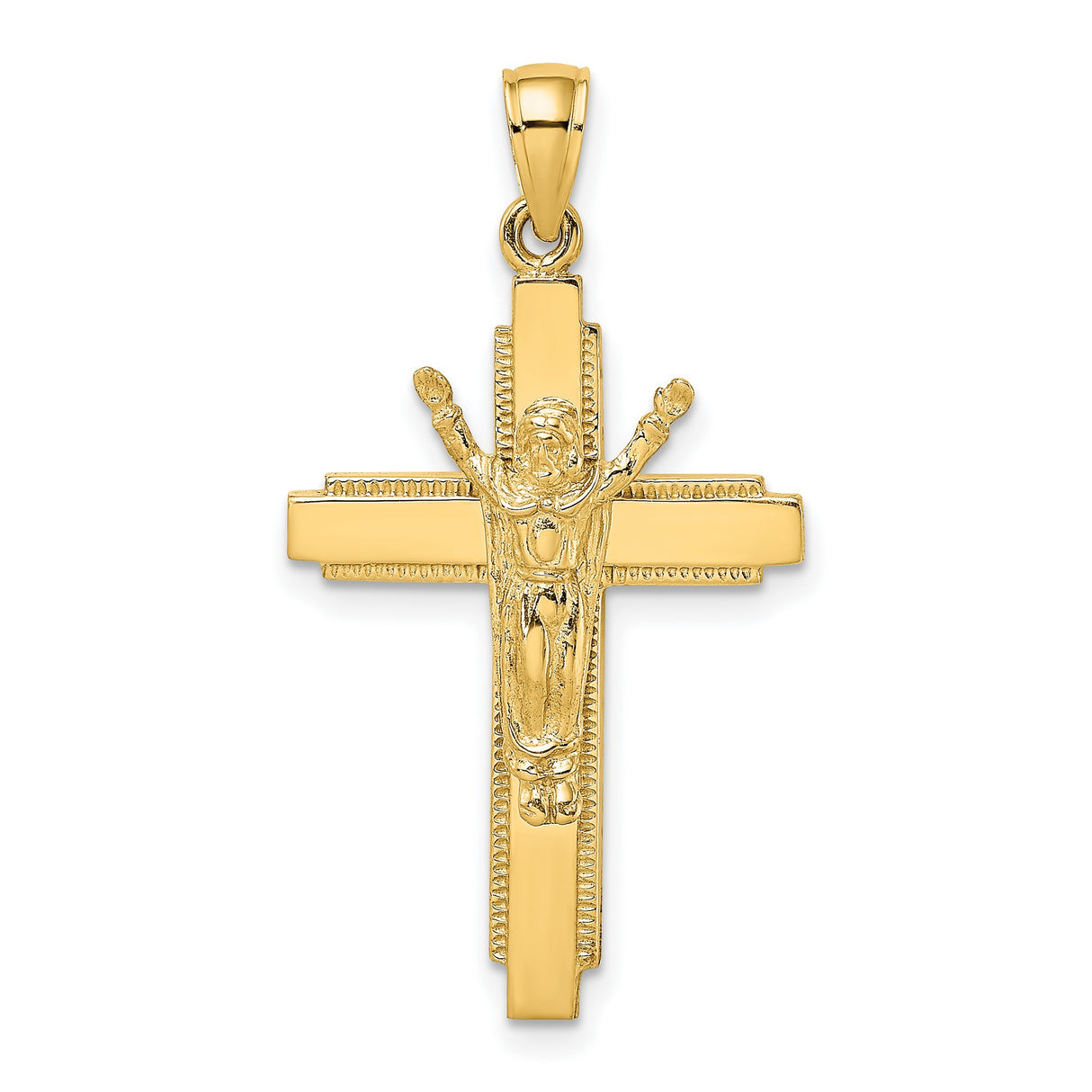 Polished Beaded Edge Crucifix Charm Pendant in Real 14k Yellow Gold