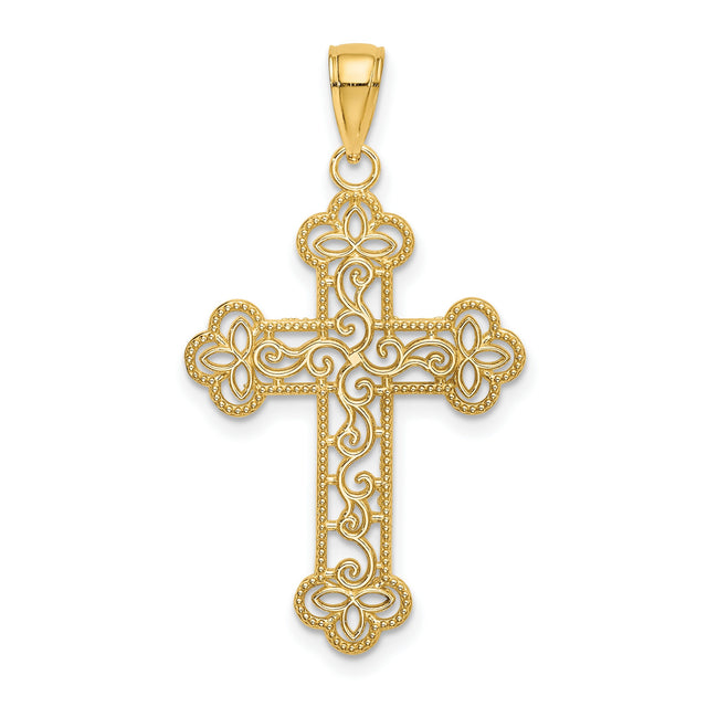 Textured and Beaded Edge Cross Charm Pendant in Real 14k Yellow Gold