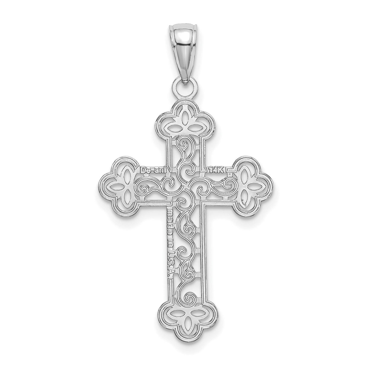 14k White Gold Cross Pendant with Filigree Detail and Clover Accents