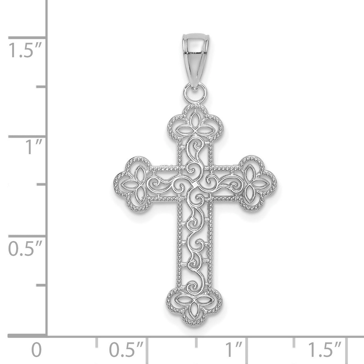14k White Gold Cross Pendant with Filigree Detail and Clover Accents