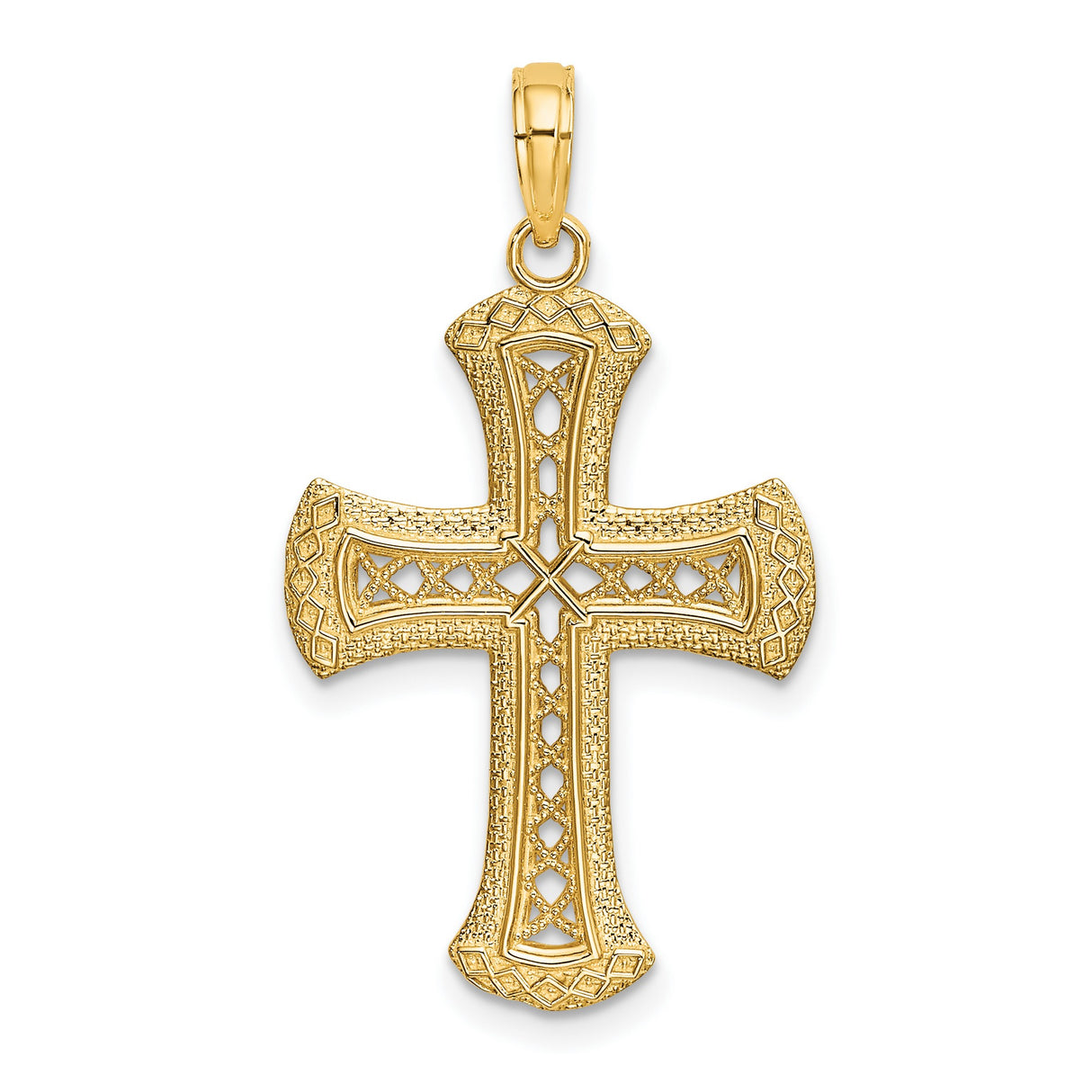 14k Yellow Gold Cross Pendant with Textured Cut-Out Design, Polished Christian Jewelry