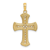14k Yellow Gold Cross Pendant with Textured Cut-Out Design, Polished Christian Jewelry