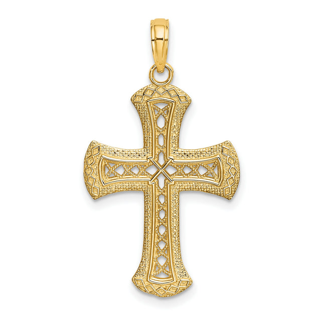 14k Yellow Gold Cross Pendant with Textured Cut-Out Design, Polished Christian Jewelry
