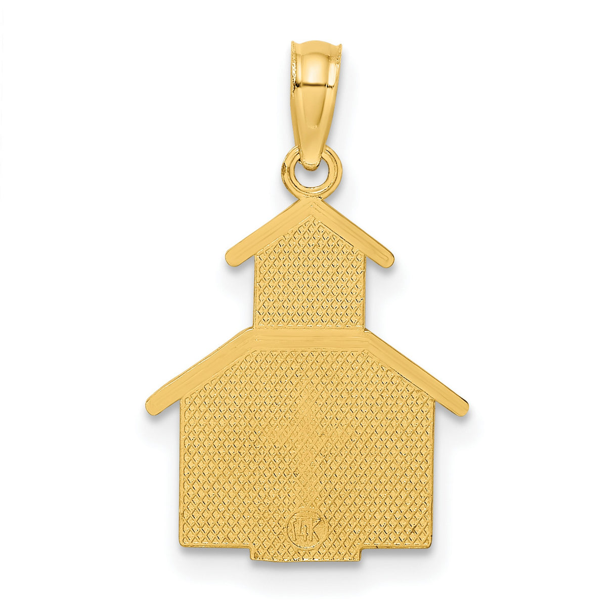 14k Yellow Gold Pendant with Cross and Church Charm Featuring Steeple and Window Detail