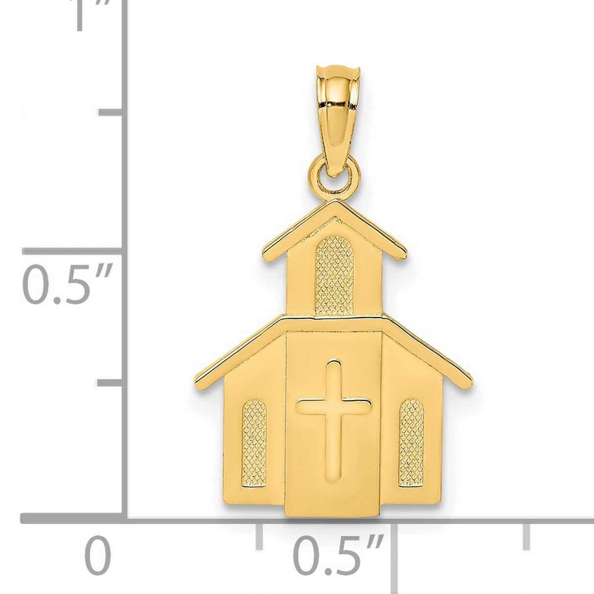 14k Yellow Gold Pendant with Cross and Church Charm Featuring Steeple and Window Detail