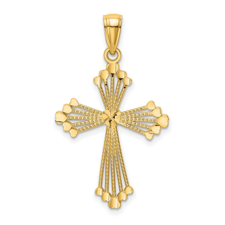 Cut-Out Stripes Heart In Center Cross Charm Pendant in Real 14k Yellow Gold