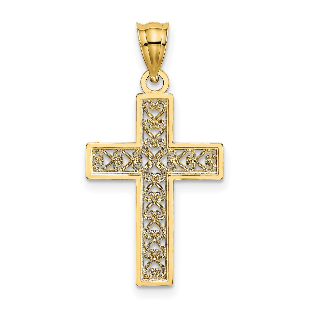 Edge and Filigree Center Cross Charm Pendant in Real 14k Yellow Gold