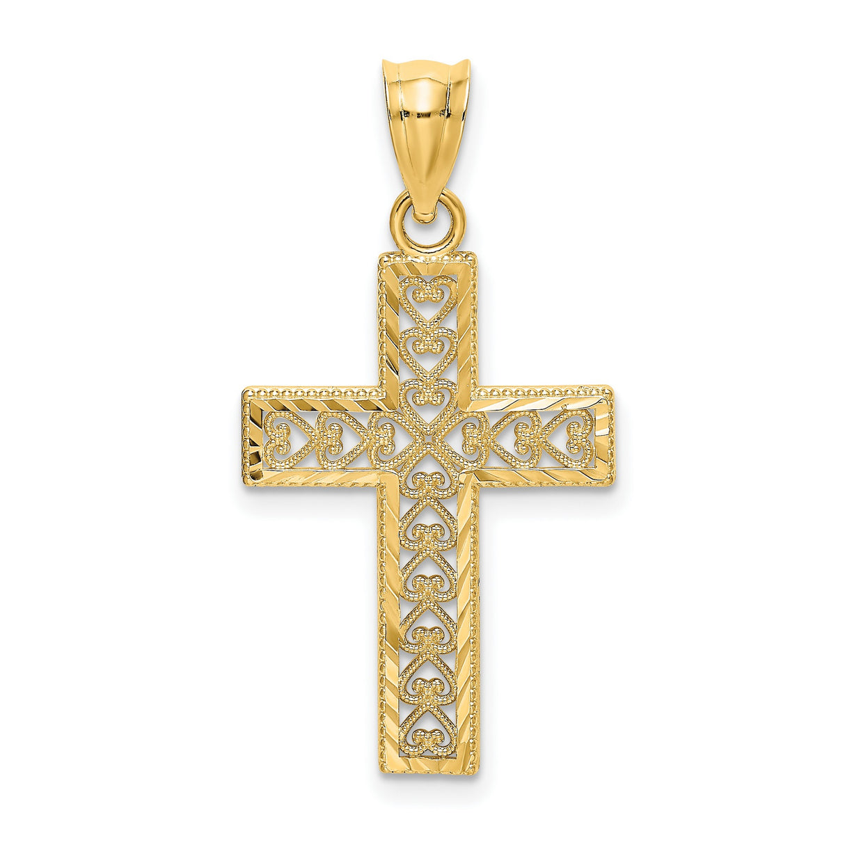 Edge and Filigree Center Cross Charm Pendant in Real 14k Yellow Gold