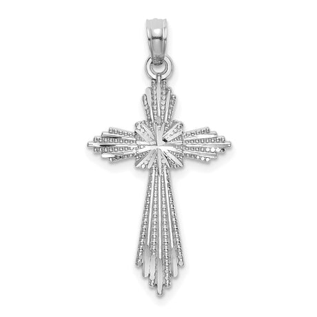 14k White Gold Cross Pendant with Textured Beaded Design, Celestial Motif, Spiritual Jewelry