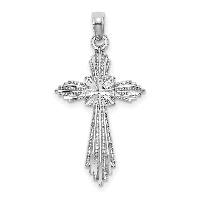 14k White Gold Cross Pendant with Textured Beaded Design, Celestial Motif, Spiritual Jewelry