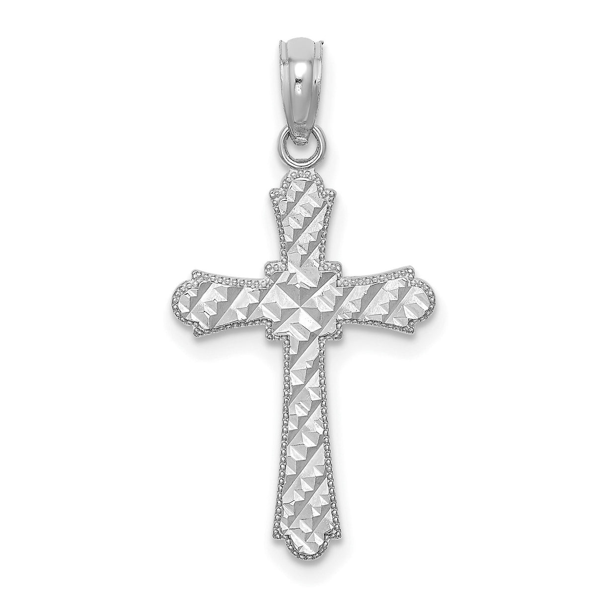 14k White Gold Cross Pendant with Beaded Edge and Textured High Polish Finish