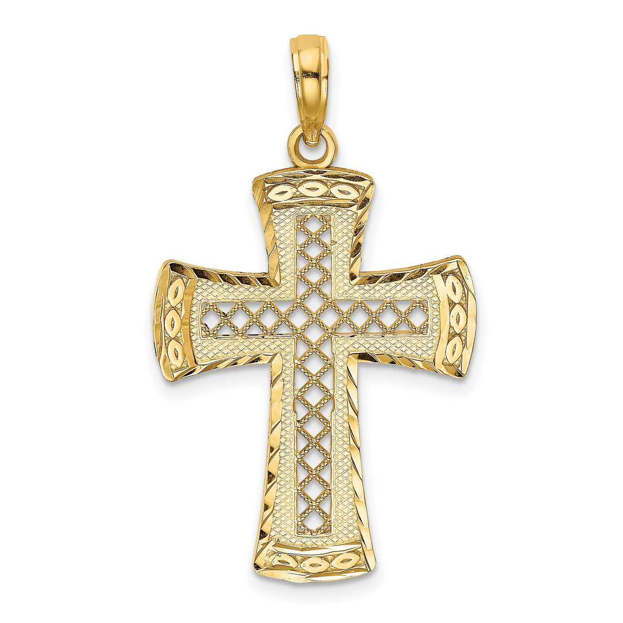 Satin Edge Lattice Cross Charm Pendant in Real 14k Yellow Gold