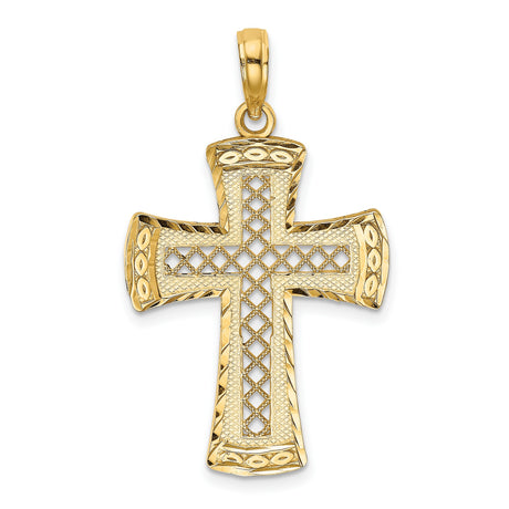 Satin Edge Lattice Cross Charm Pendant in Real 14k Yellow Gold